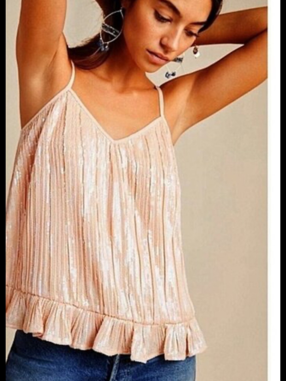 Anthropologie Sz 4, iradiscent peach sequined ruffled tank top.